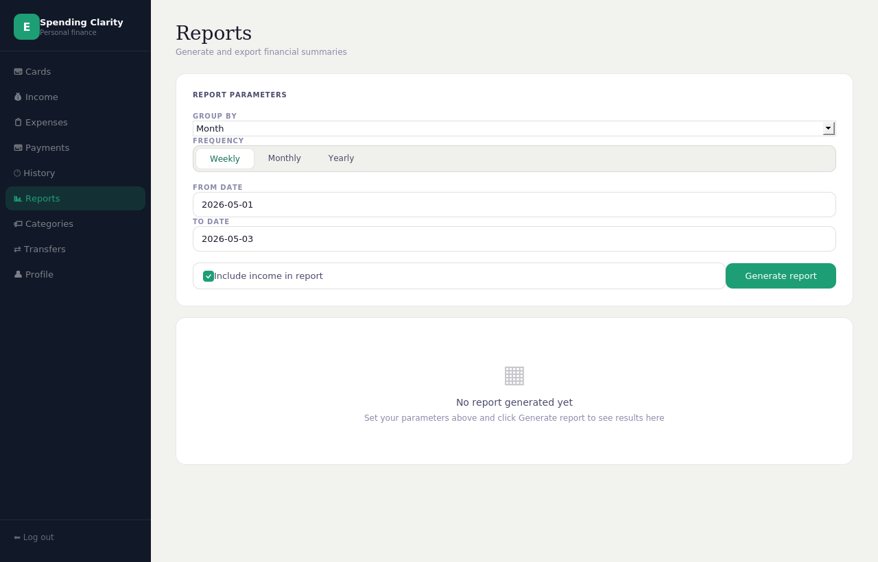 SpendMoth reports view showing spending by category and period