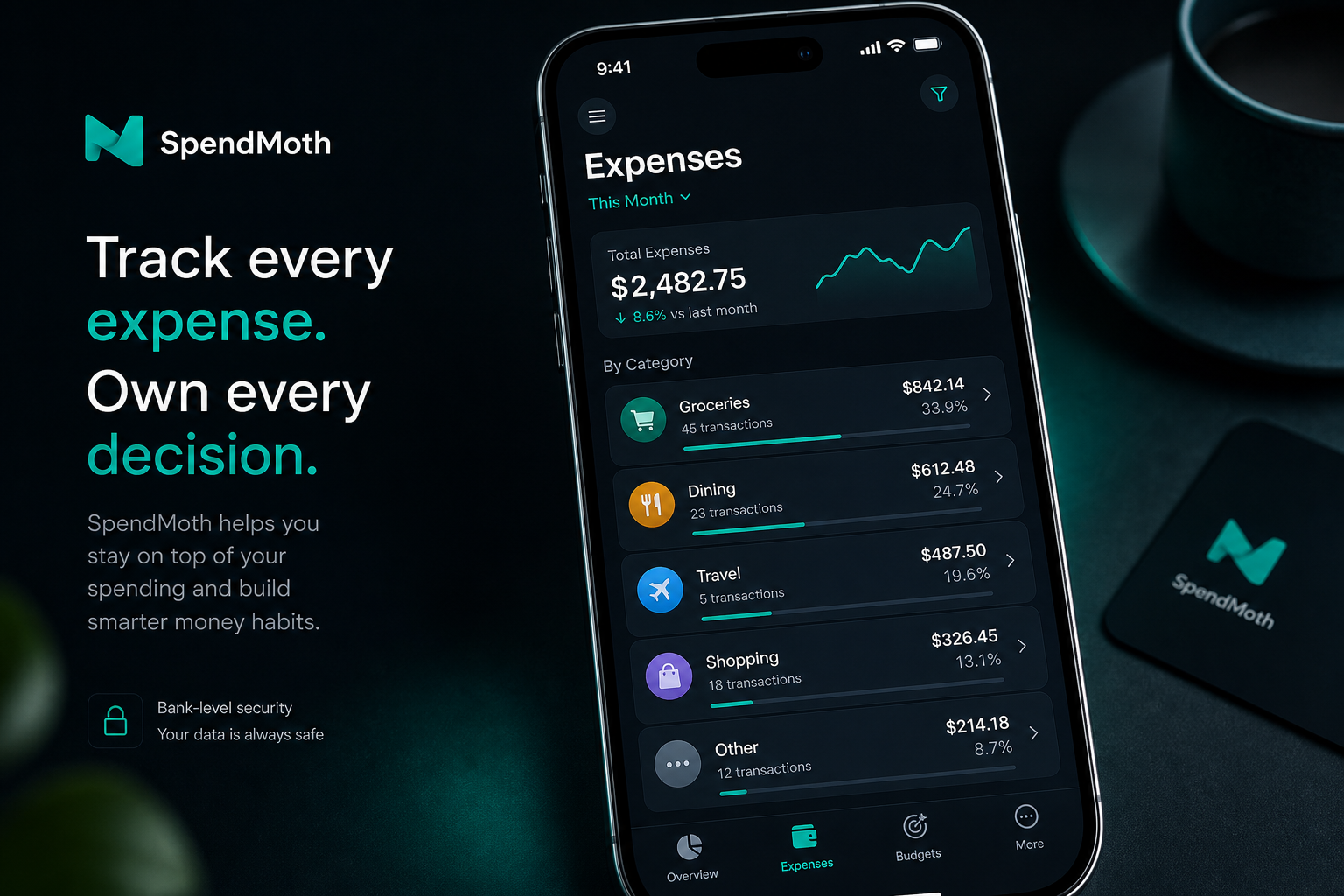 SpendMoth add expense flow with category breakdown