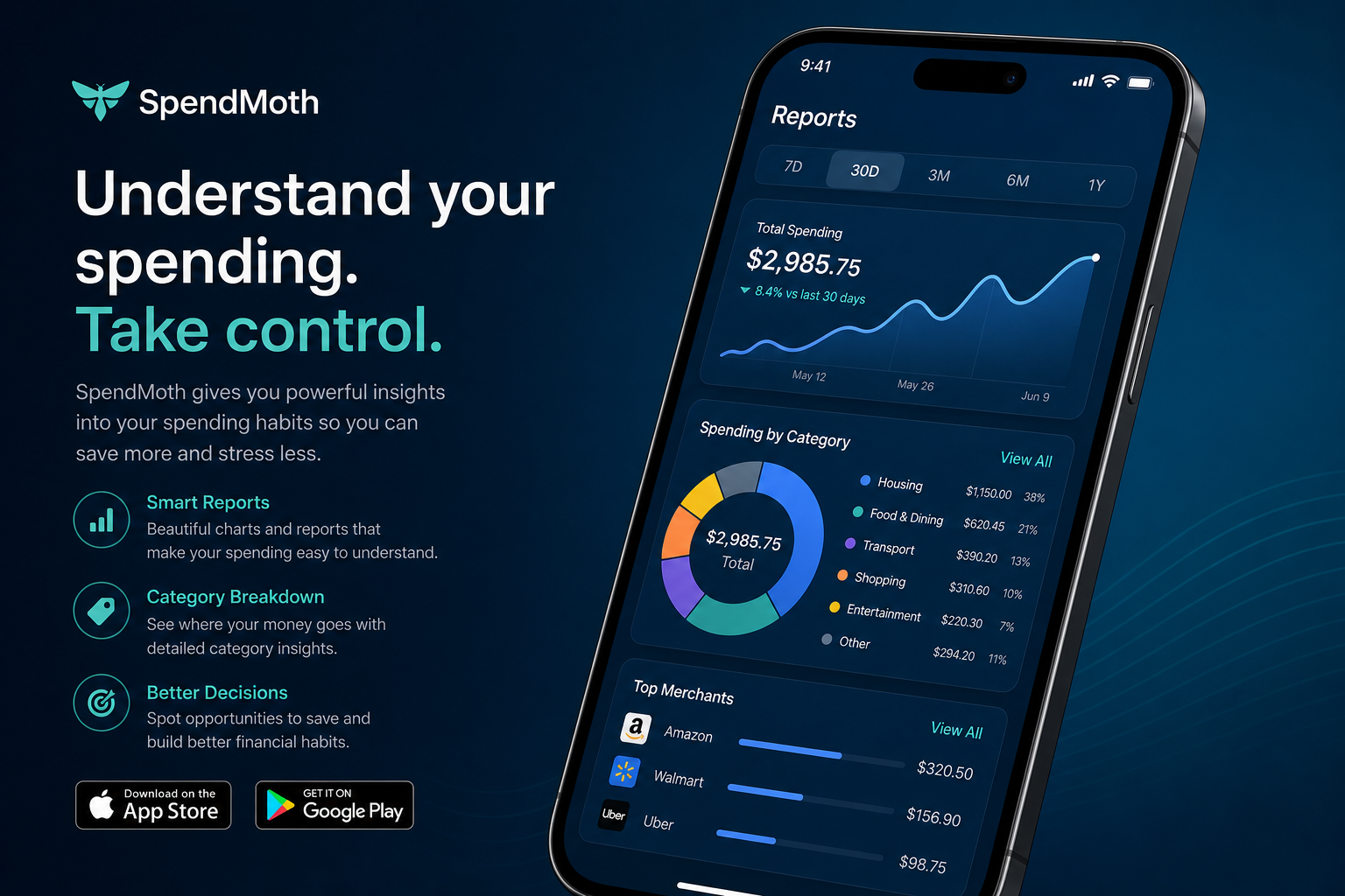 SpendMoth reports and spending history with category breakdown